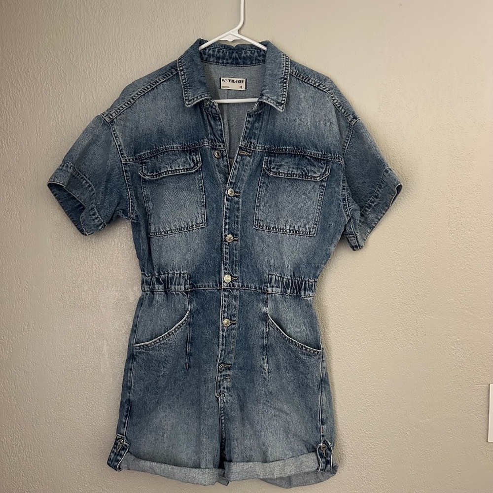 Free People Marci Cuffed Shortall Button Front denim romper size medium